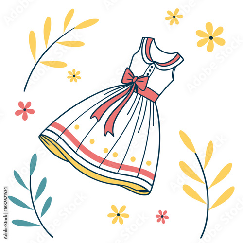 Elegant hand-drawn illustration of a feminine summer frock with a red sash and polka dots, framed by botanical doodles