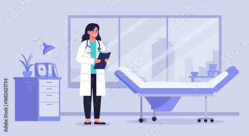 Smiling Female Doctor Holding Clipboard in Office.