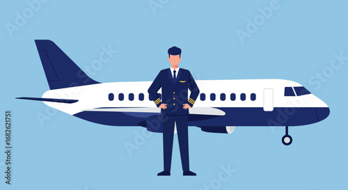Pilot Standing in Front of Passenger Airplane.
