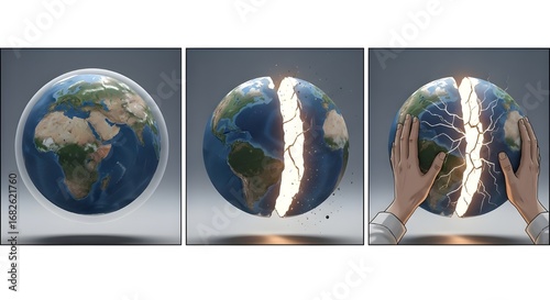 A triptych showing the Earth, then cracked and broken in half, and finally being held and put back together by human hands.