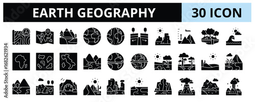 30 Earth Geography Glyph Icons Vector - Terrain, Latitude, Longitude, Plateau, Elevation, Fjord, Savanna, Canyon 