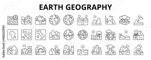 30 Earth Geography Line Icons Vector - Terrain, Latitude, Longitude, Plateau, Elevation, Fjord, Savanna, Canyon 