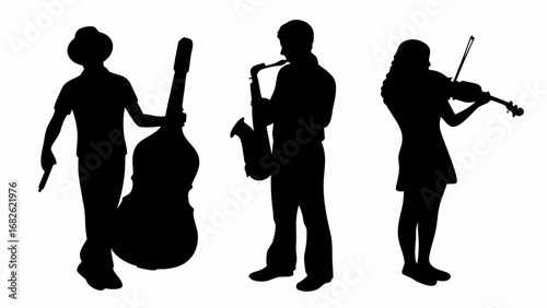 Silhouettes of three musicians playing instruments: a bass, a saxophone, and a violin, in black and white | editable eps vectors