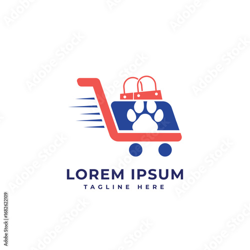 online pet shop creative logo design concept shopping cart pet sign paw mark modern minimal pet store