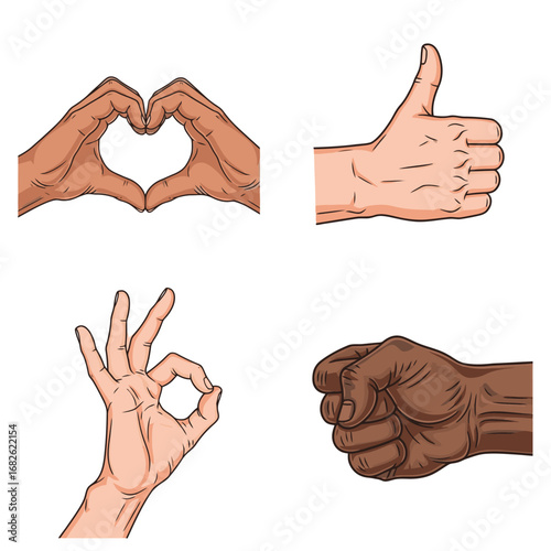 Diverse Human Hand Gestures Collection Illustrating Positive Communication, Agreement, Love, and Strength in a Stylized