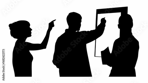 Silhouette of three people in a meeting with one pointing and another writing on a whiteboard display stand | editable eps vectors