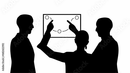 Three silhouetted figures pointing at a diagram with circles and curved lines on a white background | editable eps vectors