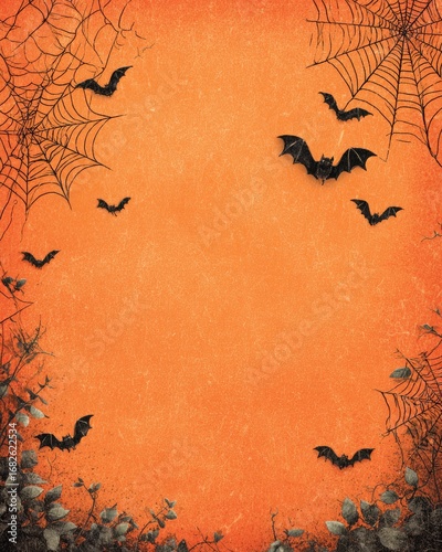 Spooky Halloween background with bats and spider webs.