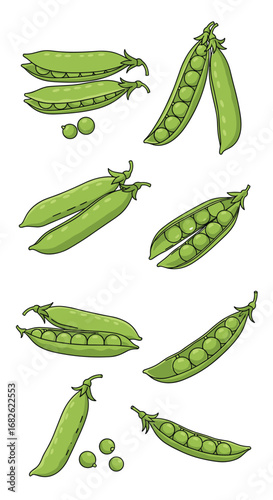 Collection of fresh green peas in pods and loose seeds displayed artistically