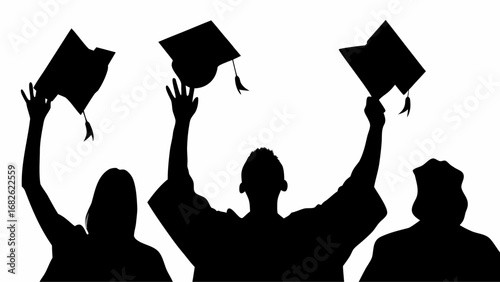Silhouette of three graduates throwing graduation caps in the air celebrating their academic achievements | editable eps vectors