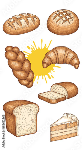A delicious assortment of baked goods featuring various breads pastries and a cake slice for culinary delights