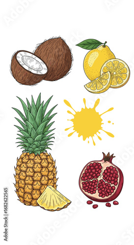 Vibrant assortment of tropical fruits and citrus slices displayed with a splatter of yellow juice