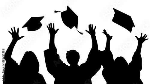 Silhouette of three graduates throwing their graduation caps in the air in celebration and excitement | editable eps vectors