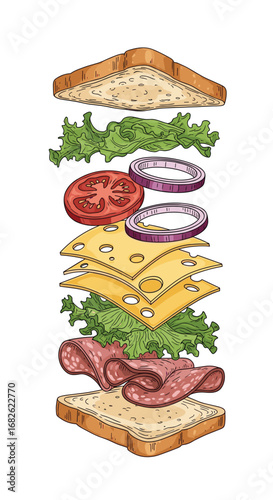 Exploded view of a delicious layered deli sandwich with fresh ingredients and toasted bread slices ready to be assembled