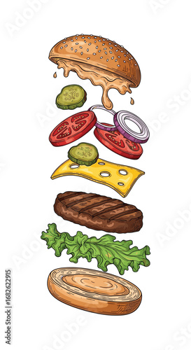 Deconstructed burger ingredients floating mid air creating a tall delicious sandwich with fresh vegetables and grilled patty