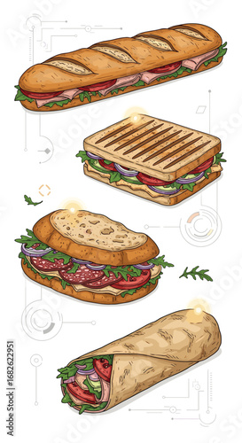 A collection of four delicious sandwiches and a wrap perfect for lunchtime meals