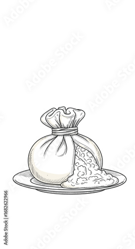 Delicate fresh mozzarella ball resting gently on a white plate with a soft drizzle of creamy liquid