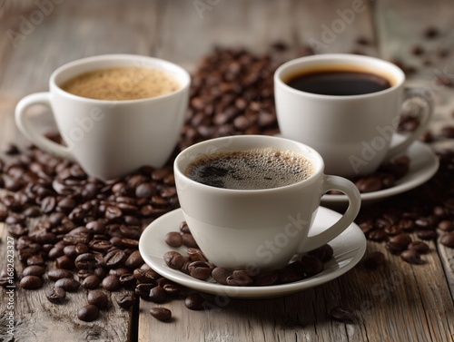 Three cups of coffee on oak table with scattered coffee beans, edge perspective showing latte art and cozy cafe atmosphere for branding design
