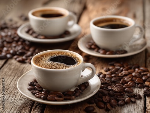 Three cups of coffee on oak table with scattered coffee beans, edge perspective showing latte art and cozy cafe atmosphere for branding design