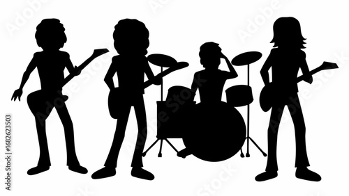 Silhouette of a band performing with two guitarists a drummer and a bassist on a white background stage | editable eps vectors