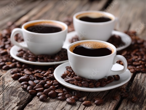 Three cups of coffee on oak table with scattered coffee beans, edge perspective showing latte art and cozy cafe atmosphere for branding design