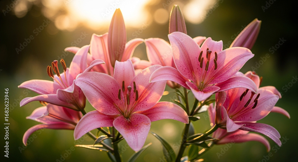 Fototapeta premium A close up shot of a cluster of pink lilies with green leaves and a blurred background in soft light