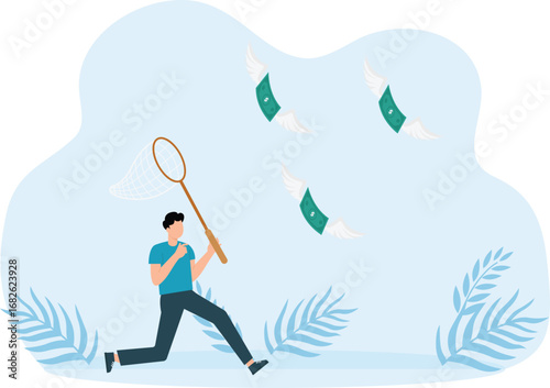 Businessman chasing money flying away with net 

