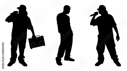 Silhouette of three rappers with a boombox and microphone performing on a white background stage set | editable eps vectors