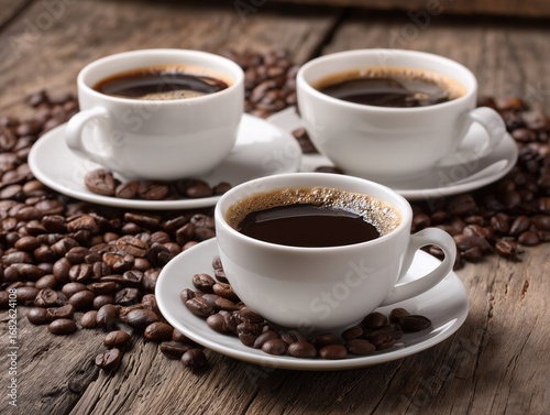Three cups of coffee on oak table with scattered coffee beans, edge perspective showing latte art and cozy cafe atmosphere for branding design