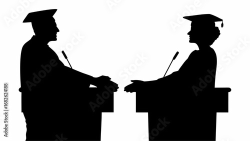 Silhouette of two graduates wearing caps and gowns speaking at podiums with microphones in black and white | editable eps vectors