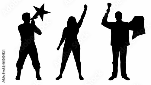 Silhouettes of three people protesting with a megaphone star and raised fists in a black and white image | editable eps vectors