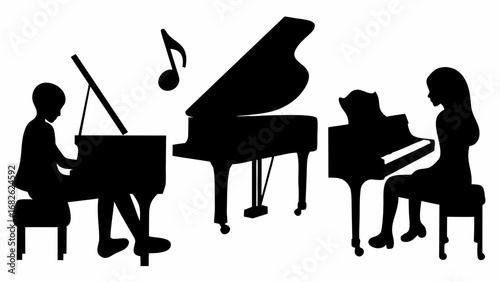 Silhouette of people playing pianos with a musical note floating above a grand piano in black | editable eps vectors