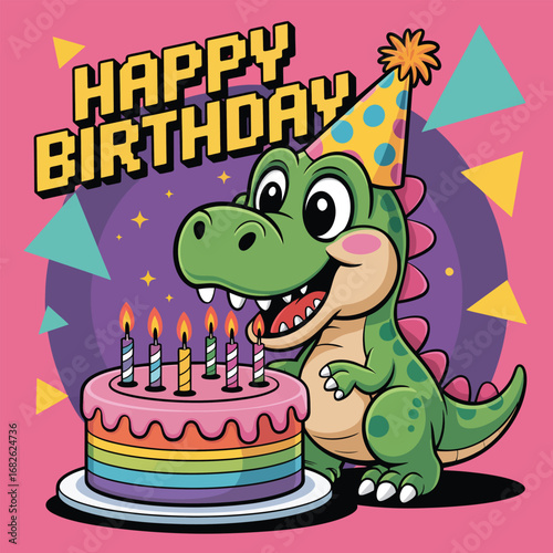 Cute Cartoon Dinosaur With Birthday Cake And Party Hat Festive Background Keywords: dinosaur
