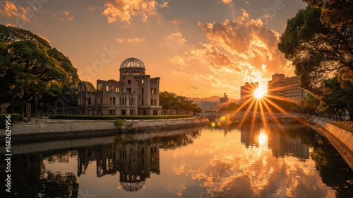 Dusty brown and golden sun rays, Hiroshima Peace Memorial at dawn, historical photo realism, reflective mood, off-center depth focus