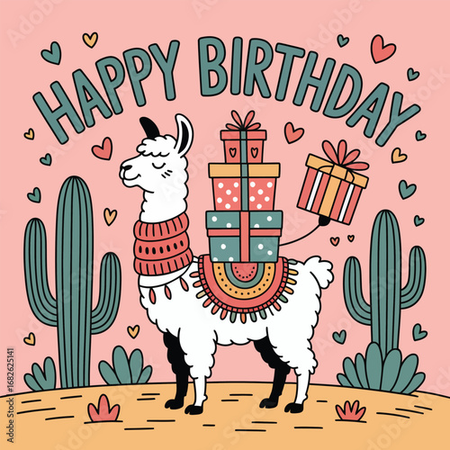 Llama with gifts on back and cacti in desert landscape happy birthday presents cactus