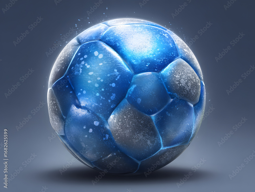 Naklejka premium Blue soccer ball with icy texture and sparkle
