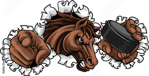 Horse mustang bronco stallion ice hockey angry sports team mascot holding a puck.