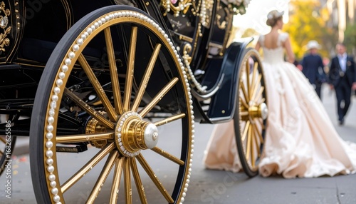 Ornate black and gold carriage wheel with pearl trim, bride in white gown out of focus. Elegant, regal, and romantic scene