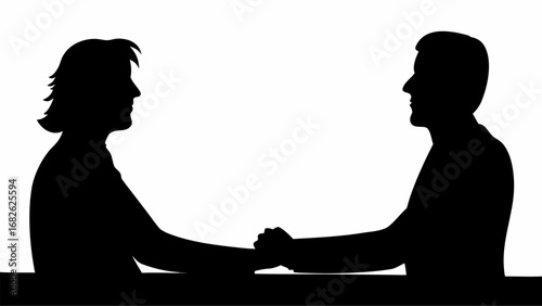 Silhouette of a man and woman at a table holding hands in a show of support and connection together | editable eps vectors