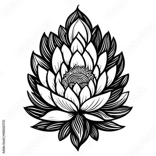 Detailed illustration of an ornamental flower with intricate line work creating a decorative