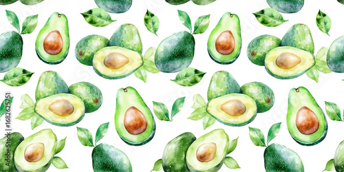 watercolor avocado fruit seamless pattern, whole and halved hand drawn illustration wallpaper background