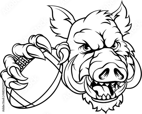 A wild boar, hog razorback warthog pig mean tough cartoon sports mascot holding an American football ball