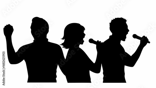 Silhouette of three people singing and protesting with microphones and raised fist in black and white style | editable eps vectors