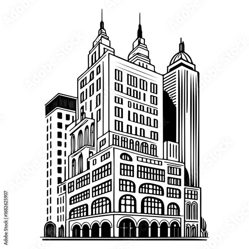 Detailed line art of multifaceted urban skyscrapers showcasing architectural precision and city