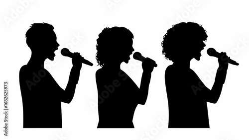 Silhouette illustration of three people singing into microphones against a white background design element | editable eps vectors