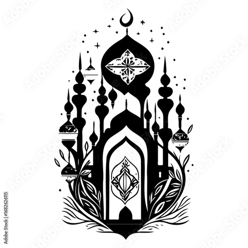 Detailed monochrome depiction of an Islamic inspired architectural marvel a mosque with crescent
