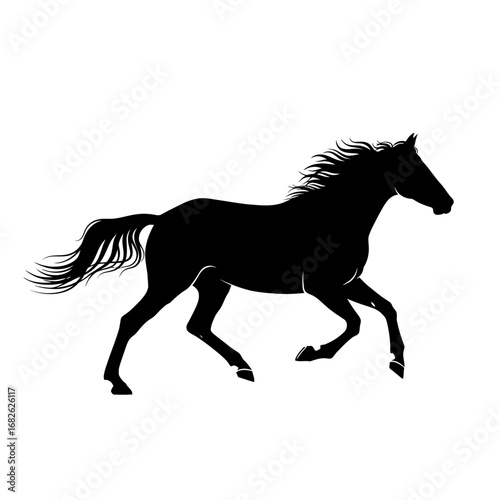 A striking black silhouette of a horse captured mid-gallop against a clean white background, showcasing its powerful physique and flowing mane.