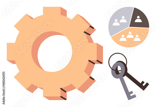 Gear symbolizes teamwork and operations, keys for solutions and access, and segmented team management icons. Ideal for collaboration, strategy, operations, innovation, problem-solving, team