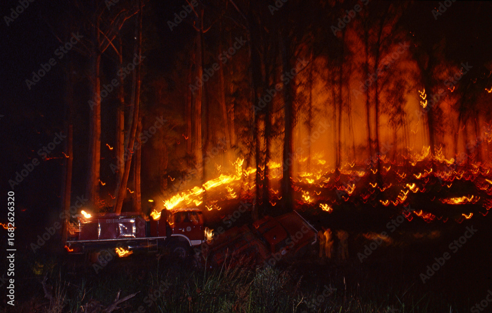 Obraz premium Ash Wednesday overturned firetruck in the midst of the bushfires 1983-Mt Macedon region
