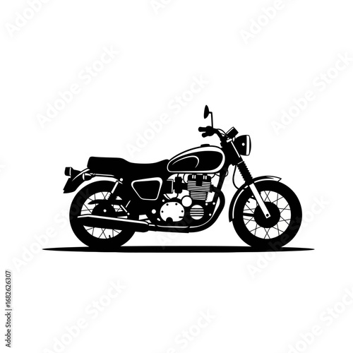 A classic black motorcycle silhouette is displayed against a white background, showcasing its vintage design.